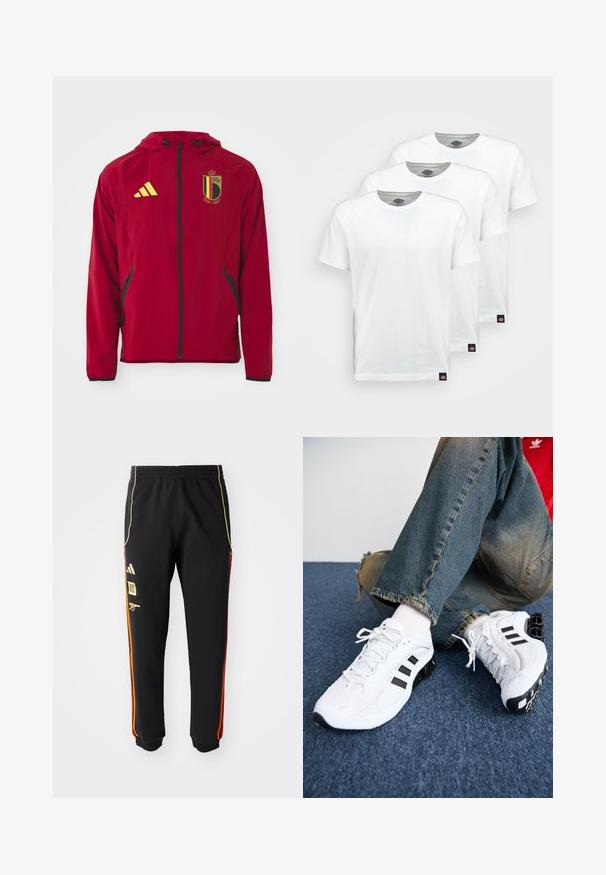 Giacca sportiva rossa con zip a full-zip e cappuccio, cerniera nera, tasche laterali con zip, logo giallo Adidas e stemma della nazionale di calcio del Belgio.; Tre magliette di cotone bianche semplici con maniche corte. Ogni maglietta presenta un collo rotondo e un piccolo etichetta logo nera sul lato sinistro.; Pantaloni sportivi neri con vita elastica, strisce laterali oro e rosse, e loghi gialli sulla coscia sinistra.; Scarpe da ginnastica bianche in rete con accenti neri, caratterizzate da un design testurizzato e una suola distintiva, abbinate a jeans in denim blu.