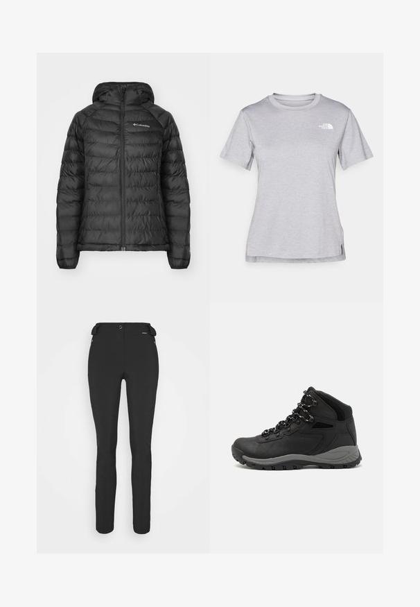 Crna puffer jakna sa patentnim zatvaračem sprijeda, kapuljačom i kviltanim dizajnom. Sadrži elastične manžete, bočne džepove i logo na prsima.; Siva kratka majica s kratkim rukavima izrađena od mekog, tkanog materijala koji upija vlagu. Ima okruglu izrez i mali bijeli logo na gornjem lijevom dijelu.; Crne, uske hlače izrađene od fleksibilnog materijala. Karakteristike uključuju bočni džep sa zipom, artikulirana koljena i glatku teksturu.; Crne planinarske čizme s dizajnom srednjeg vrha, sa teksturiranim gornjim dijelom, sivim akcentima i izdržljivom gumom potplatom s uzorkom za prianjanje.
