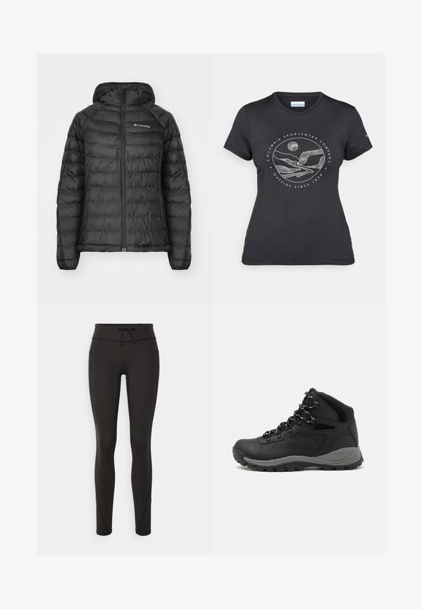 Jachetă puf, neagră, cu fermoar în față, glugă și design matlasat. Include manșete elastice, buzunare laterale și un logo pe piept.; Tricou negru Columbia cu artă liniară albă circulară reprezentând munți și un râu, împreună cu textul "Columbia Sportswear Company Afară din 1938."; Leggings negre cu talie înaltă, șnur, textură netedă și design ajustat. Prezintă detalii de cusături de-a lungul laturilor.; Botă de drumeție neagră cu un design mediu, având un material texturat, accente gri și o talpă din cauciuc durabilă cu crampoane pentru aderență.
