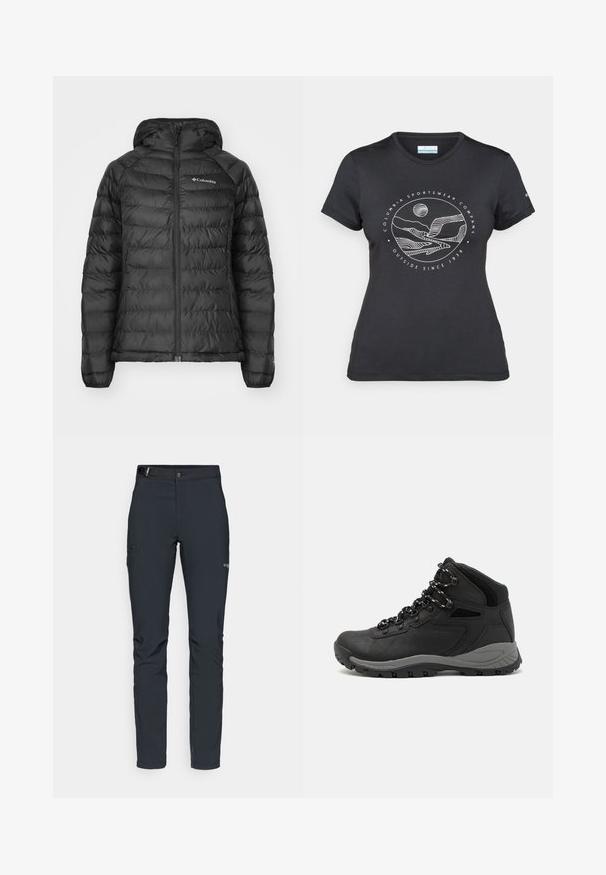 Giacca a vento nera con zip frontale, cappuccio e design trapuntato. Presenta polsini elasticizzati, tasche laterali e un logo sul petto.; Maglietta nera Columbia con arte lineare bianca di una montagna circolare e un fiume, e il testo "Columbia Sportswear Company Outside Since 1938."; Pantaloni da uomo per attività all'aperto, grigio scuro, realizzati in materiale elastico, dotati di cintura, tasche con zip e cuciture rinforzate.; Stivale da trekking nero con design a metà altezza, dotato di una tomaia texturizzata, accenti grigi e suola in gomma resistente con tasselli per la trazione.