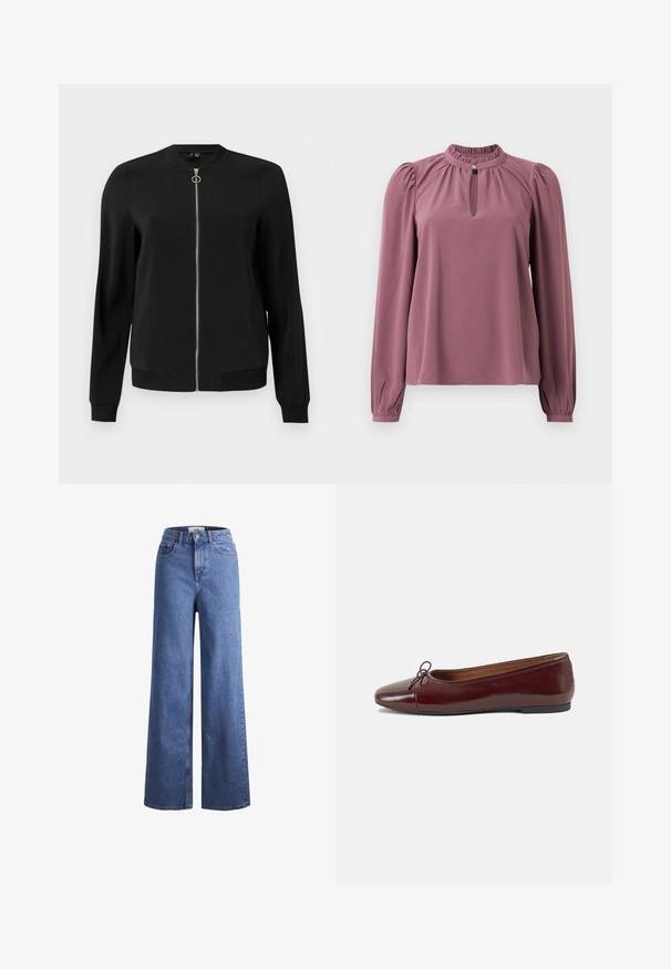 Zwarte bomberjack van gladde stof, met een frontale rits, geribbelde manchetten en zijzakken. Eenvoudig, minimalistisch ontwerp zonder patronen.; Mauve blouse met lange mouwen, geplooide kraag, keyhole halslijn met knoopsluiting en licht opgeblazen schouders.; Lichtblauwe denim wijde jeans met een hoge taille, twee voorzakken en zichtbare stiksels. Voorzien van een knoop- en ritssluiting.; Bordeaux gepatenteerd lederen ballerina met een ronde neus, een klein strikaccent aan de voorkant en een lage, zwarte rubberen zool. Glad textuur.