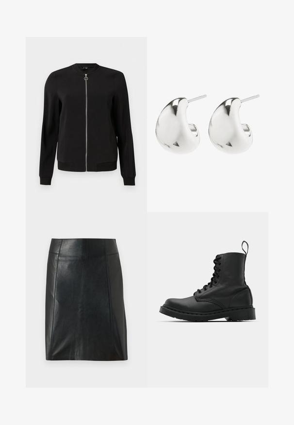 Sort bomberjakke lavet af glat stof, med en frontlinje, ribbede manchetter og sidelommer. Enkel, minimalistisk design uden mønstre.; Hvid ribbet tanktop med rund halsudskæring og ærmeløs design, med en lige kant og en glat, strækbar tekstur.; Sort lædernederdel med en tætsiddende pasform. Glat tekstur, sømme der fremhæver formen, og en lige kant. Minimalistisk og strømlinet udseende.; Sort læder kampstøvle med rund tå, snørebånd foran og en løkke ved anklen. Har en tyk gummisål for holdbarhed.; Sølv stud øreringe med et glat, buet design. De har en poleret overflade og en stift, der sikrer sikker bæring.
