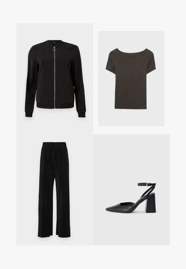 Giubbotto bomber nero realizzato in tessuto liscio, con zip frontale, polsini a coste e tasche laterali. Design semplice e minimalista senza motivi.; Top corto grigio scuro con scollatura a barca. Realizzato in tessuto a costine, presenta una vestibilità rilassata e un orlo pulito. Design semplice, senza motivi.; Pantaloni neri a plissé con vita elasticizzata. Presentano gamba ampia e un tessuto liscio e texture con strisce verticali.; Pump in pelle nera con punta affusolata, cinturino alla caviglia e tacco spesso. Texture piatta, design elegante ed estetica minimalista.