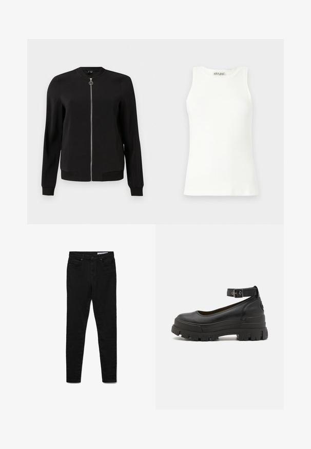 Svart bomberjakke laget av glatt stoff, med glidelås foran, ribbestrikkede mansjetter og sidelommer. Enkelt, minimalistisk design uten mønstre.; Ermeløs hvit ribbestrikket tanktopp med rund hals og en tettsittende fasong. Glatt tekstur og subtil merkevarelogo ved kragen.; Sorte høye skinny jeans med front- og baklommer, knapp- og glidelås-lukking, og et Vero Moda-merke på livet.; Buffalo ASPHA - Platåsko - black