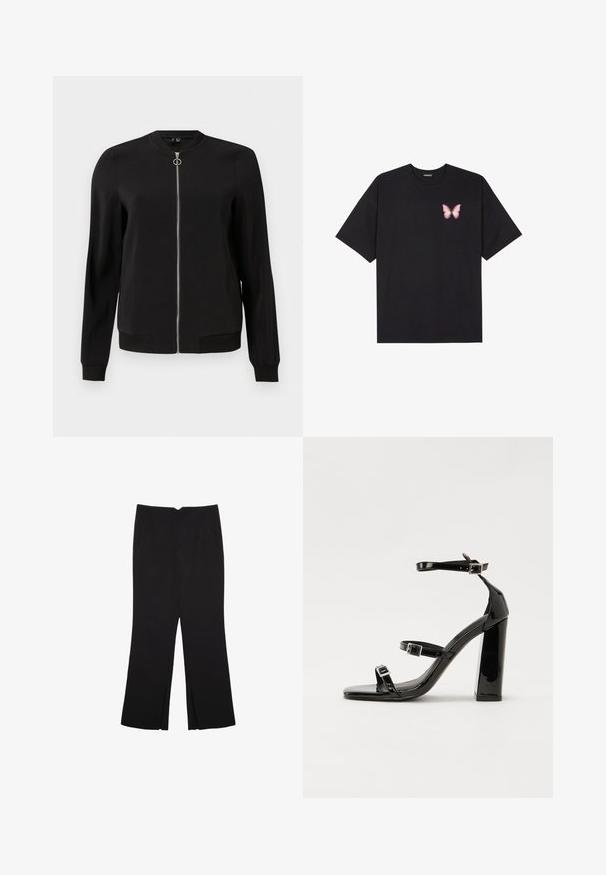 Schwarze Bomberjacke aus glattem Stoff, mit einem Frontreißverschluss, gerippten Bündchen und seitlichen Taschen. Einfaches, minimalistisches Design ohne Muster.; Schwarzes Baumwoll-T-Shirt mit kurzen Ärmeln, das ein kleines pinkes Schmetterlingsmotiv auf der linken Brust zeigt. Crewneck-Design mit einem entspannten Schnitt.; Schwarze Hose mit geradem Schnitt, ausgestattet mit Fronttaschen und Seitenschlitzen am Saum. Hergestellt aus weichem, glattem Stoff. Geeignet für verschiedene Anlässe.; Schwarze patentierte Sandalen mit Absatz, quadratischer Spitze, Knöchelriemen und silbernen Schnallen. Mit einem stabilen Blockabsatz für mehr Stabilität.