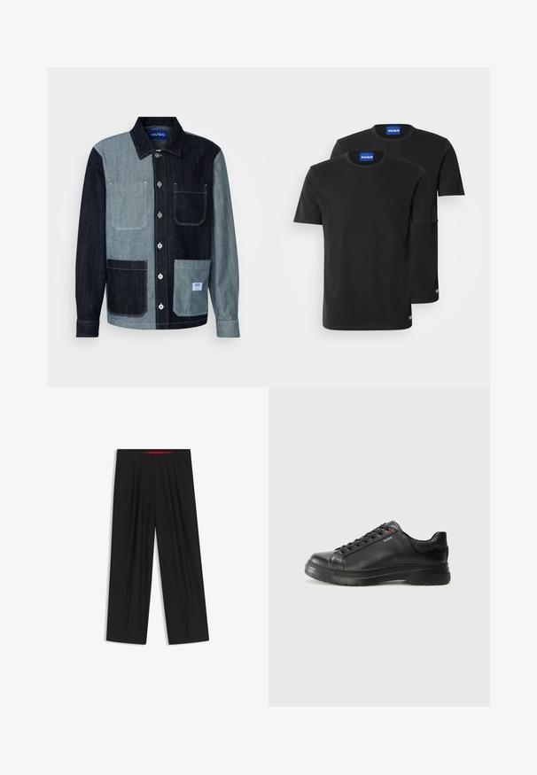 Giacca di denim con design a blocchi di colore in blu scuro e chiaro. Presenta due tasche frontali e una chiusura con bottoni. Etichetta del marchio sulla tasca inferiore.; Due magliette di cotone nere con scollatura rotonda, maniche corte e etichette blu "HUGO" sui colli e sui bordi laterali.; Pantaloni neri a gamba larga con fronte piatto, due tasche laterali, design plissettato e un elastico in vita di colore rosso a contrasto.; Sneaker nera in pelle con superficie testurizzata, collo imbottito e dettaglio logo rosso. Presenta una suola in gomma spessa con un motivo di battistrada distintivo.