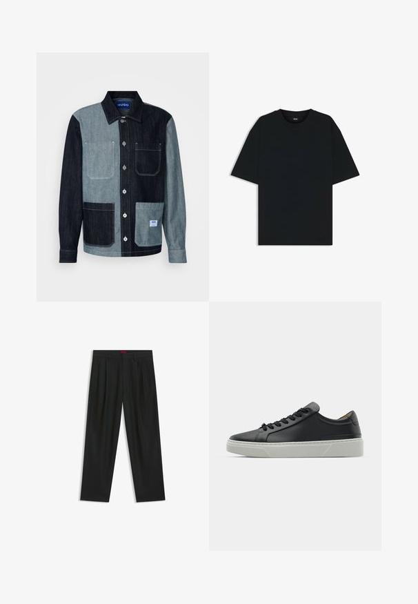 Denimjack met een kleurblokontwerp in donkerblauw en lichtblauw. Bevat twee voorkeurs en een knoopsluiting. Merlabel op de onderste zak.; Zwarte katoenen T-shirt met een ronde hals en korte mouwen. Heeft een losse pasvorm en een eenvoudig ontwerp zonder patronen of accenten.; Zwarte broek met een geplooid ontwerp, wijde pijpen en een zachte textuur. Voorzien van een rode taillebandlabel.; Zwarte leren sneaker met een gladde textuur, ronde neus en zwarte veters. Heeft een dikke, witte rubberen zool met subtiele geometrische accenten.