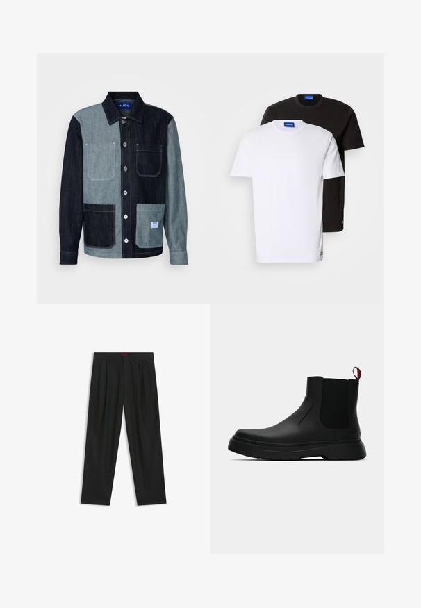 Farkkutakki, jossa on värilohko design tummansinisestä ja vaaleansinisestä. Ominaisuuksiin kuuluu kaksi etutaskua ja nappikiinnitys. Merkkinäyttö alemmassa taskussa.; Kaksi T-paitaa pinottuna: yksi valkoinen ja yksi musta. Lyhyet hihat, pyöreät kaula-aukot, puuvillakangasta. Kaula-aukossa pieni sininen logo.; Mustat housut, joissa on poimutettu muotoilu, leveä lahjetyyppi ja sileä pinta. Varustettu punaisella vyötärötagilla.; Musta nilkkuri, jossa on sileä pinta, elastiset sivupaneelit ja erottuva punainen vetonauha, paksu kumipohja ja pyöristetty varvas.