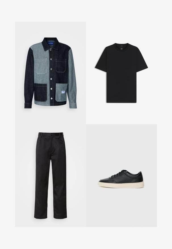 Jeansjacka med en färgblockdesign i mörk och ljusblått. Har två fickor framtill och knappstängning. Märkesetikett på den nedre fickan.; Svart kortärmad T-shirt i en mjuk bomullsblandning, med rundad halsringning och en minimalistisk design utan mönster eller detaljer.; Svarta byxor i slätt tyg med framknäppning, veck och raka ben. Inga synliga mönster eller detaljer.; Svart låg skor i läder med svarta snören och off-white sula, visas i sidoprofil på vit bakgrund.
