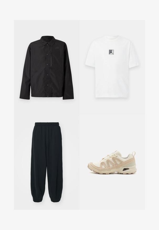 Must mustaga jakk, millel on krae, pikkade varrukatega, rinnaeritusega lukuga tasku ja õrn logo vasakul rinnal.; Valge puuvillane T-särk, millel on keskel must ja hall logo graafika. Klasikaline ümmargune kaelus ja lühikesed varrukad, millel on mugav lõige.; Mustade elastse vöökoha ja laia lõikega dressipüksid, mansetiga sääred, sile tekstuur ning ilma nähtavate mustrite või detailideta.; Beež ja koobalti spordijalats tekstureeritud võrkkattega, toetavad ülemised kihid ja kummist tallaga, millel on mustriga joonistus haardeks.