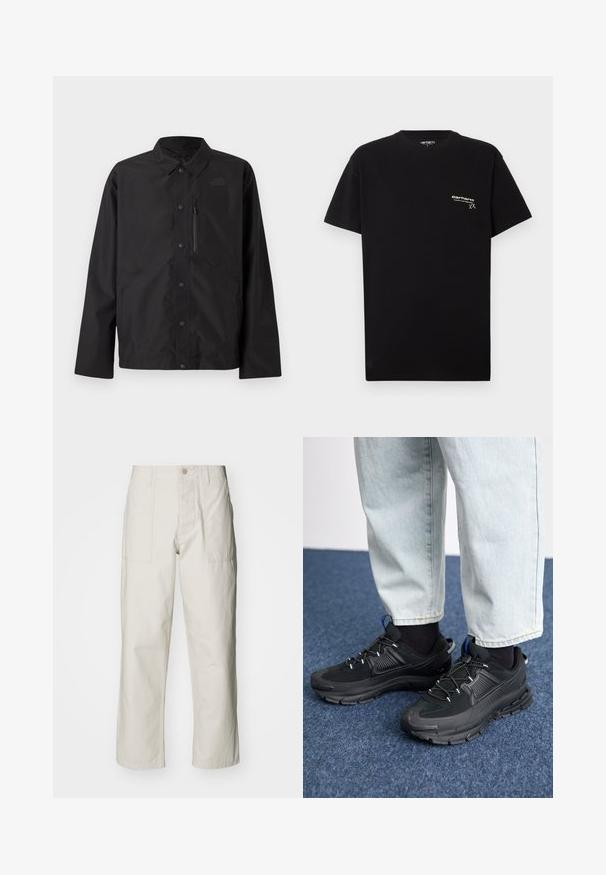 Zwarte button-up jas met kraag, lange mouwen, borstzak met rits en subtiele logo op de linker borst.; Zwarte katoenen T-shirt met korte mouwen, ronde hals en een klein wit logo gedrukt op de linkerkant van de borst.; Lichtbeige wijde broek van katoen. Voorzien van steekzakken en een knoopsluiting. Glad textuur met subtiele verticale lijnen.; Zwarte sportschoenen met gestructureerde stof en rubberen zolen, met elastische veters en een blauwe accent op de hiel. Draag samen met lichte spijkerbroeken.