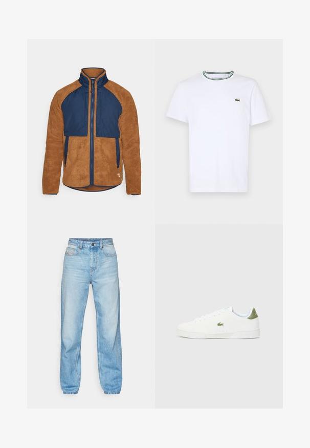 Fjällräven VARDAG PILE JACKET M - Fleecejas - chestnut/navy; Witte katoen T-shirt met korte mouwen en een geribde kraag met groene en zwarte strepen; klein groen geborduurd logo op de linkerborst.; Lichtblauwe jeans van denim, met een rechte pasvorm, vijf zakken en een zichtbare gulp met contrasterende stiksels.; Witte sneakers met een gladde textuur, voorzien van een groene accent bij de hiel en een klein geborduurd krokodillenlogo aan de zijkant.