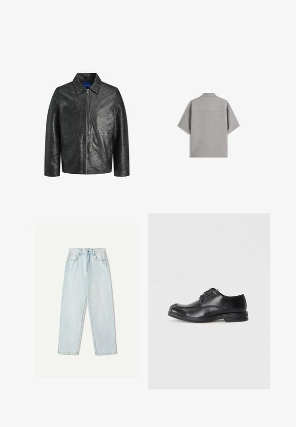 Giubbotto in pelle nera con una texture stropicciata, chiusura con zip e colletto. Presenta maniche lunghe e tasche laterali.; Bershka SHORT SLEEVE TAILORED - Camicia - dark grey; Jeans in denim azzurro chiaro con una vestibilità comoda, design a gamba dritta, stile a cinque tasche e leggere sfumature sul tessuto.; Scarpe in pelle nera con stringhe, puntale arrotondato, texture liscia e tacco basso. Presentano dettagli di cucitura lungo la tomaia e i lati.