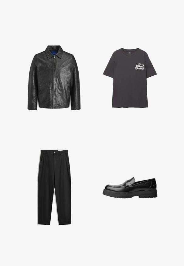 Giubbotto in pelle nera con una texture stropicciata, chiusura con zip e colletto. Presenta maniche lunghe e tasche laterali.; T-shirt in cotone grigio con maniche corte, scollatura rotonda e testo stampato in bianco sul lato sinistro del petto. Tessuto morbido e vestibilità comoda.; Pantaloni in cotone neri con una vestibilità rilassata, dotati di una vita classica, pieghe frontali e tasche laterali. Tessuto liscio senza fantasie.; Mocassino in pelle nera con suola spessa e tassellata e fascia decorativa sulla parte superiore, mostrato in profilo sinistro su sfondo bianco.