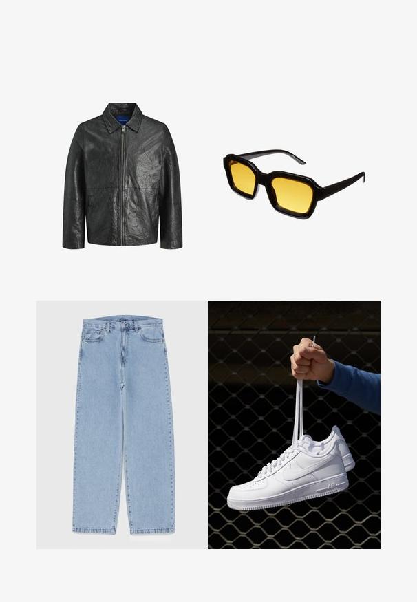 Crna kožna jakna s naboranom teksturom, zatvaranje na munju i ovratnik. Ima duge rukave i bočne džepove.; Bijeli pamučni majica bez rukava s okruglim izrezom, širokim naramenicama i ravnim rubom, s glatkom teksturom i bez vidljivih uzoraka.; Svijetloplave traperice s ravnim nogavicama, sa srednjim strukom, pet džepova i zatvaranjem na dugme i patentni zatvarač.; Bijele kožne tenisice s perforacijama, okruglim vrhom, ravnim potplatom i debelim vezicama, s vidljivim swoosh logom i natpisom "AIR" na peti.; Crne acetatne sunčane naočale sa masivnim, kutnim dizajnom. Žute leće u pravokutnom obliku i tanke temple. Proizvedeno u Kini.