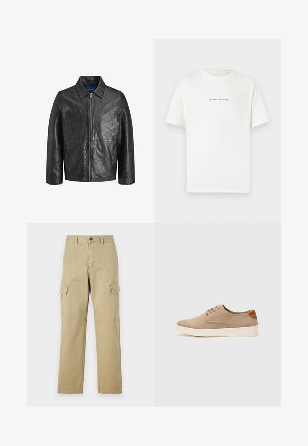 Melna ādas jaka ar sarautu tekstūru, ar rāvējslēdzēju un apkakli. Iezīmējas ar garām piedurknēm un sānu kabatām.; Baltā kokvilnas T-kreklā ar īsām piedurknēm un apaļu kakla izgriezumu. Centrāls teksts lasa "LAIPNI LŪDZAM PARADĪZĒ" zaļā, izliekta fontā.; Beige kravas bikses no kokvilnas, kas aprīkotas ar divām sānu kabatām, pogu aizdari un taisnām kājām ar nedaudz teksturētu audumu.; Beige zamšādas kedas ar noapaļotu purngala daļu, auklēm saplacinātu priekšpusi un teksturētu aizmugures akcentu. Balta gumijas zole nodrošina kontrastu. Vienkāršs un mūsdienīgs dizains.