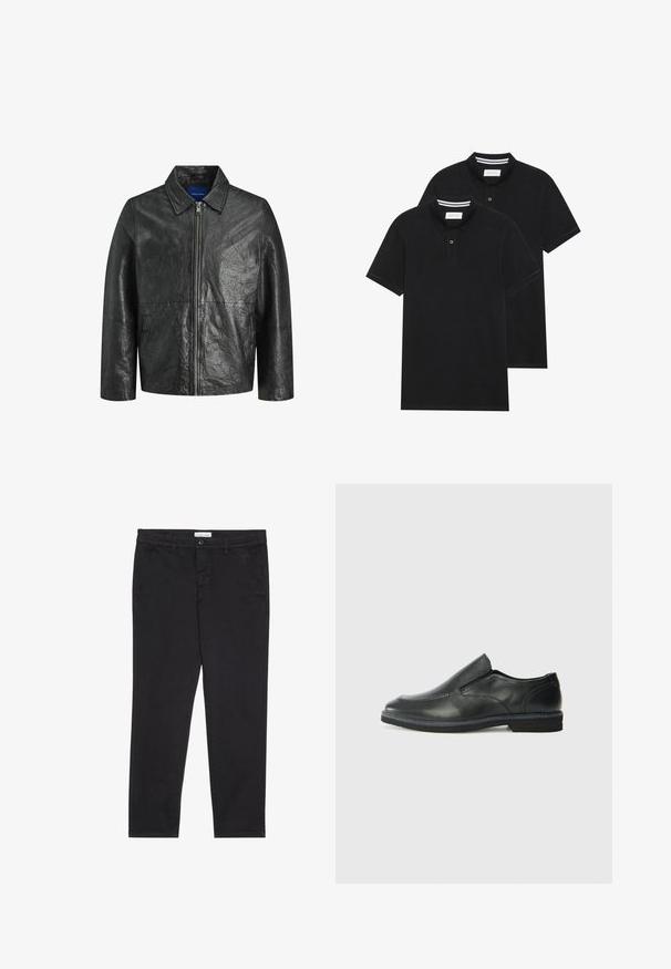 Mustmust kott, millel on kortsuline tekstuur, lukuga kinnitamine ja krae. Omab pikki varrukaid ja külje Taskuid.; Kaks musta polo särki, lühikeste varrukatega, puuvillane materjal, klassikalise kraega, kahe nupuga kinnitusega, valgete triipudega krae sisepinnal.; Mustad puuvillased püksid kitsas lõikes, millel on kaks külgtaskut ja ees klõpsuga kinnitamine. Tekstuuriga kangas, millel on peened detailid.; Must musta laia suuga king, millel on sile ülemine osa, õmmeldud detailid, ümmargune nina ja madal kummist konts. Tallal on minimaalne mustr.