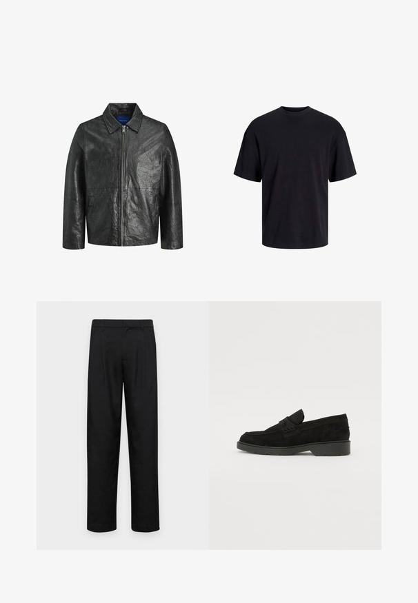 Czarna skórzana kurtka o pomarszczonej teksturze, z zapięciem na zamek błyskawiczny oraz kołnierzem. Posiada długie rękawy i boczne kieszenie.; Czarna bawełniana koszulka z okrągłym dekoltem, krótkimi rękawami i luźnym krojem. Gładka tekstura, bez widocznych wzorów czy akcentów.; Czarne spodnie wykonane z gładkiego materiału, z prostą nogawką, dwoma fałdami z przodu oraz standardowym paskiem z wypustkami na pasek.; Czarne zamszowe mokasyny z niskim obcasem, z prostą taśmą na górze i teksturowanymi detalami po bokach.