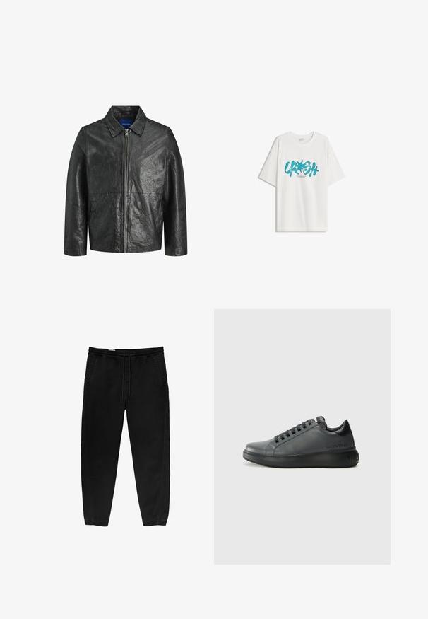 Giubbotto in pelle nera con una texture stropicciata, chiusura con zip e colletto. Presenta maniche lunghe e tasche laterali.; Bershka SHORT SLEEVE - T-shirt con stampa - white; Pantaloni neri con cintura elastica e coulisse, gamba affusolata, tasche laterali e sottili dettagli di cucitura laterale. Tessuto in cotone morbido.; Valentino JUMP - Sneakers basse - dark grey