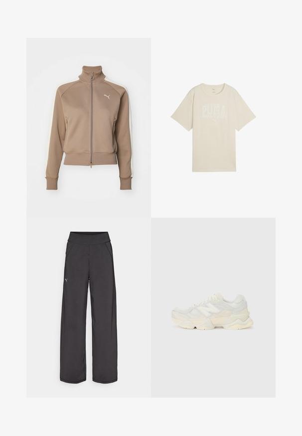 Hnědá zippová sportovní bunda s vysokým límcem, krémovými postranními panely a nařasenými manžetami a lemem. Obsahuje logo na levé části hrudi.; Béžové bavlněné tričko s volným střihem, které má bílý grafický design s nápisem "PUMA sports club" a malým logem nahoře.; Černé sportovní kalhoty s širokým pasem, bočními kapsami a plochými švy. Obsahují malé logo na levé nohavici. Vyrobeno z hladké, elastické tkaniny.; Lehká sneakerka s vrchní částí z prodyšné síťoviny a semiše v jemných krémových tónech, s masivní podrážkou a trojrozměrnými akcenty.