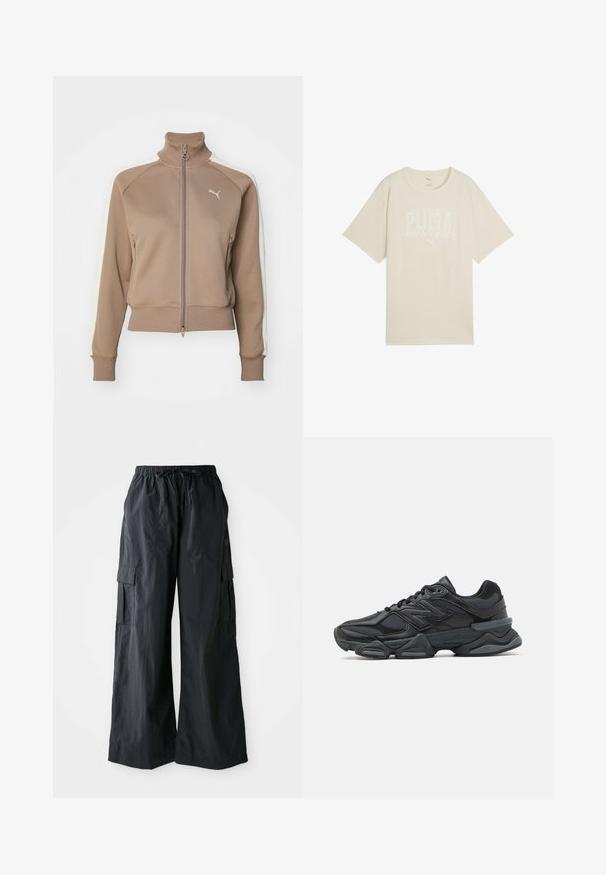 Ruskea vetoketjullinen urheilu takki, jossa on korkea kaulus, kerma väriset sivupaneelit sekä resorit hihansuissa ja helmassa. Vasemmassa rinnassa on logo.; Vaaleanbeige puuvillapaita rentoa istuvuutta, jossa on valkoinen graafinen printti, jossa lukee "PUMA sports club" ja pieni logo ylhäällä.; Mustat cargo-housut, jotka on valmistettu kevyestä kankaasta. Niissä on leveä lahkeidesigni, joustava vyötärö ja useita sivutaskuja. Yksinkertaiset ja käytännölliset.; Musta juoksukenkä, jossa on yhdistelmä verkko- ja synteettisiä materiaaleja, paksu pohja, kaareva muotoilu ja näkyvä brändäys sivussa.