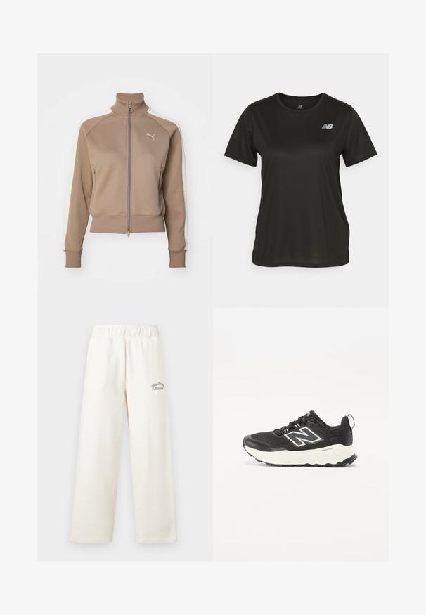 Brahna zip-up trenažerska jakna z visokim ovratnikom, smetana stranskimi paneli ter rebrastimi manšetami in robom. Ima logotip na levem prsnem predelu.; Črna kratka majica s kratkimi rokavi iz gladkega blaga, ki ima okrogel ovratnik in reflektivni bel logotip na levem prsnem delu.; Kremne široke hlače izdelane iz mehkih materialov z elastičnim pasom. Na sprednji strani se nahajajo subtilni zeleni vezeni napisi.; Črne športne čevlje z zgornjim delom iz teksturirane tkanine, kontrastno belo srednje podplat in izrazitim sivim logotipom ob strani. Gumijast podplat z oprijemom.
