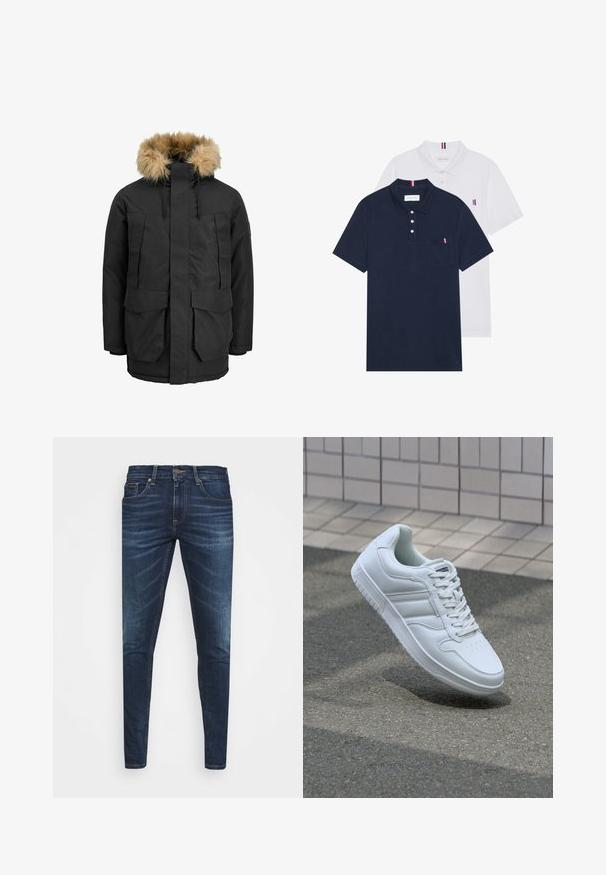 Must musta jope, millel on eemaldatav karvane tan värvi kapuuts, esi tõmblukk, kaks suurt klapiga taskut ja reguleeritav serv sobivuse jaoks.; Kaks polo särki: üks tumesinine ja üks valge, mõlemal on rinnataskul ja krael väike punase, valge ja sinise aktsent.; Tumedat sinised teksad kitsas lõikes, kerge kulumisega, viie taskuga ja metallnööbiga sulgemine. Õmmeldud aktsendid kontrastsetes värvides.; Valge spordijalanõud silederja nahkvarrega, ninast paeltega, perforatsiooni tõttu ventilatsiooniga ning mustrilise tallaga. Minimalistlik disain, millel on kolm külgmist triipu.