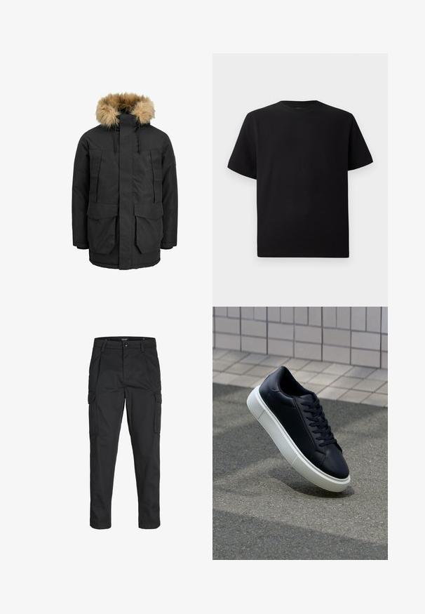 Černá parka s odnímatelnou kápí z hnědé umělé kožešiny, předním zipem, dvěma velkými kapsami na klopu a nastavitelným lemem pro lepší fit.; Černé tričko s krátkým rukávem vyrobené z texturované látky, s kulatým výstřihem a volným střihem. Jednoduché, bez vzorů nebo akcentů.; Černé cargo kalhoty vyrobené z odolné tkaniny, s mnoha kapsami, knoflíkovým zapínáním a slim fit střihem se zúženými nohavicemi.; Černé kožené tenisky s kulatou špičkou a bílou gumovou podrážkou. mají ploché tkaničky a minimální šití na svršku. Texturovaná podrážka pro lepší přilnavost.