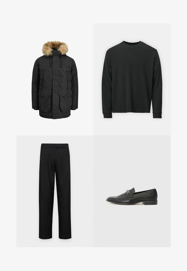 Parka nera con cappuccio in pelliccia sintetica beige removibile, chiusura frontale con zip, due ampie tasche con pattina e orlo regolabile per una vestibilità perfetta.; Maglietta nera a maniche lunghe in cotone, con scollatura rotonda, vestibilità ampia e polsini a costine. Texture liscia senza motivi visibili.; Pantaloni neri realizzati in tessuto liscio, caratterizzati da un taglio dritto, due pieghe frontali e una vita standard con passanti per la cintura.; Mocassino in pelle nera con finitura liscia, caratterizzato da un design cucito e da un accento decorativo in catena metallica sul vamp. Tacco piatto.