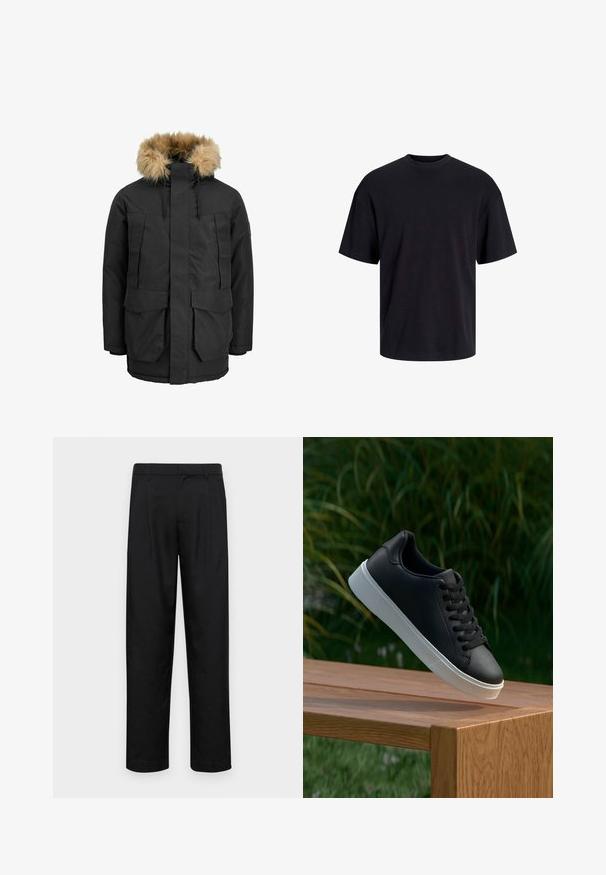 Svart parkajakke med avtagbar beige faux fur hette, frontglidelås, to store klafflommer og justerbar linning for passform.; Svart bomull t-skjorte med rund hals, korte ermer og en avslappet passform. Glatt tekstur uten synlige mønstre eller detaljer.; Sorte bukser laget av glatt stoff, med rette ben, to frontfoldninger og standard liv med beltehemper.; Sorte skinnesneakers med en glatt tekstur, hvit gummisåle og seks hull for lisser, vises på en treoverflate.