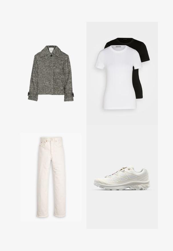 Sort og hvid jakke i houndstooth-mønster med krave, frontknaplukning og oprullede ærmedetaljer. Blød tekstur.; To korte ærmede T-shirts i sort og hvid. Fremstillet af blødt bomuld med en klassisk rund halsudskæring og normal pasform.; Hvide denim jeans med lige ben, fem-lommestil og kobberdetaljer. Rå kantfinish ved anklerne.; Hvid løbesko med en åndbar mesh-overdel, teksturerede detaljer og en polstret sål. Udstyret med et hurtigt-lace system for nemtilpasning.