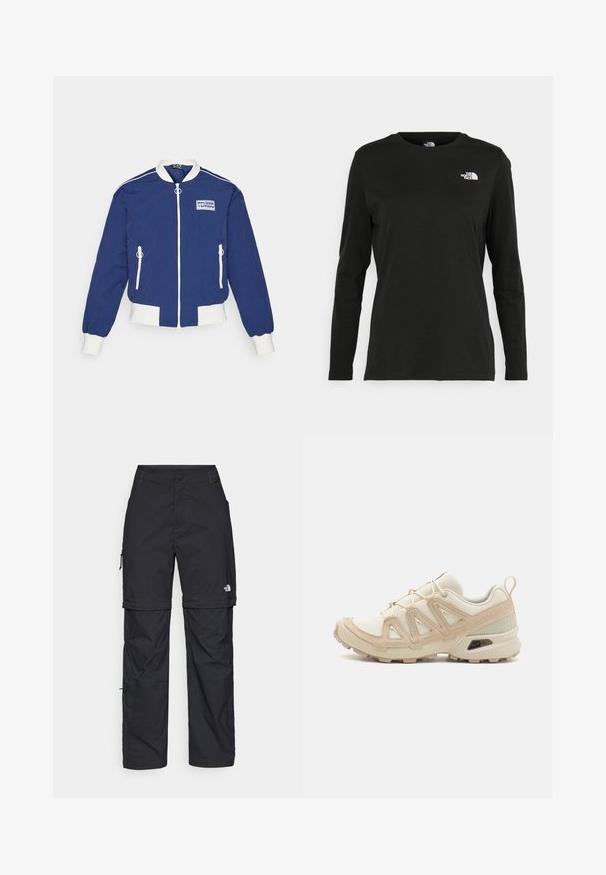 Jūrininkų bombonešis su baltomis akcentais, su priekiniais užtrauktukais, dviem šoninėmis kišenėmis ir raštuotais rankogaliais bei apačia. Įeina logotipo atvartas.; Juodas ilgomis rankovėmis medvilninis marškinėliai su apvali apykakle. Savybė - mažas baltas logotipas kairėje krūtinės pusėje. Paprastas dizainas ir pritaikymas.; Juodos nailoninės krovinių kelnės su reguliuojamais rankovėmis, daugybe kišenių ir logo ant dešinės kojos. Lygi, lengva tekstūra.; Bežinės ir kreminės spalvos sportinės bateliai su tekstūruoto tinklelio viršutine dalimi, palaikančiomis detalėmis ir guminiais padais, turinčiais raštą, užtikrinantį sukibimą.