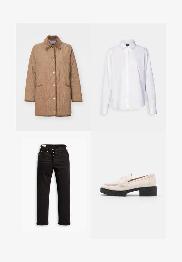 Casaco castanho acolchoado com colarinho em veludo, fechos de pressão e dois bolsos laterais. Apresenta um padrão de losangos e um bordado dourado da marca no bolso.; Camisa branca de mangas longas com botões, feita de algodão. Apresenta um colarinho clássico e um discreto bordado da marca no peito. Textura suave.; Jeans pretos de perna reta com fecho de botão, bolsos frontais e traseiros, e detalhes em rebites de cobre sobre um fundo branco.; Mocassins em couro bege claro com frente costurada e um salto plataforma preto texturizado. Apresenta um design curvado e uma ligeira elevação.
