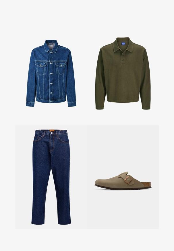 Jeans jakna v temno modri barvi, z gumbom spredaj, dvema žepoma na prsih in klasičnim ovratnikom. Šivi so vidni ob šivih.; Maslinasto zelena polo majica dugih rukava od teksturirane tkanine. Ima ovratnik, plaket s tri dugmeta i opušteni kroj.; Temno modre kavbojke iz jeansa s ravnim krojem, visokim pasom, petimi žepi in obrabljenim ozkim robom. Kontrastni šivi in zapiranje z gumbi.; Rjave klompice z gladko, matirano površino. Na strani imajo izrazit bronast sponko. Korkov vložek in gumijast podplat za udobje.