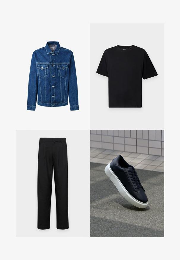 Tumši zils džinsu jaka ar pogu priekšā, divi krūšu kabatas un klasiskā apkakle. Šuves ir redzamas gar malām.; Melna īsām piedurknēm apģērbta augšdaļa ar apaļu kaklu un brīvu piegriezumu, izlikta uz baltā fona.; Melnas bikses, izgatavotas no gludas auduma, ar taisnu kāju dizainu, divām priekšējām krokām un standarta jostu, kurai ir āķi.; Melnas ādas kedas ar noapaļotu pirkstu un baltu gumijas zoli. Iespējas - plakanas šņorītes un minimāla apdare augšdaļā. Struktūrēta zole, lai nodrošinātu saķeri.