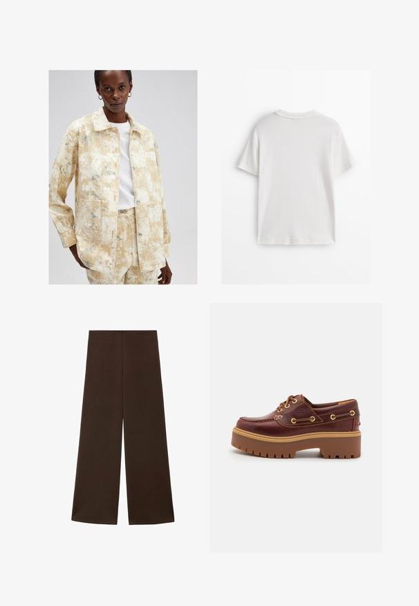 Lichtgele denimjack met een gemêleerd patroon in blauwtonen. Voorzien van een kraag, opgestikte zakken en een knoopsluiting.; Wit katoenen T-shirt met korte mouwen, een ronde hals en een gladde textuur. De achterkant is effen zonder extra patronen of ontwerpen.; Wijdvallende broek gemaakt van een gladde, donkerbruine stof. Kenmerkt zich door een hoge tailleband en een minimalistisch ontwerp zonder versieringen.; Bruine leren botenschoenen met een stevige bruine rubberen zool, gouden ogen en contraststiksels. Heeft een logo aan de zijkant.