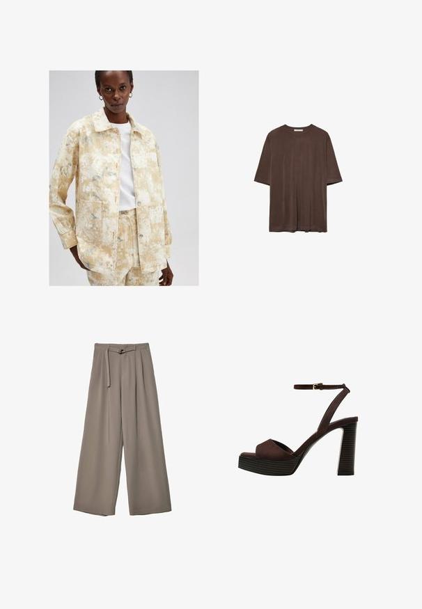 Veste en denim jaune clair avec un motif texturé et moucheté dans des nuances de bleu. Elle possède un col, des poches avant et une fermeture à boutons.; T-shirt marron à manches courtes en tissu doux, avec un col rond et une coupe décontractée. Texture lisse sans motifs ni accents.; Pantalons évasés en tissu gris doux et muted, avec une taille ceinturée et des plis pour un détail de design supplémentaire. Texture lisse, sans motifs.; Sandale à talons hauts en suede marron avec un bout ouvert, une bride de cheville réglable et une semelle de plateforme rayée.
