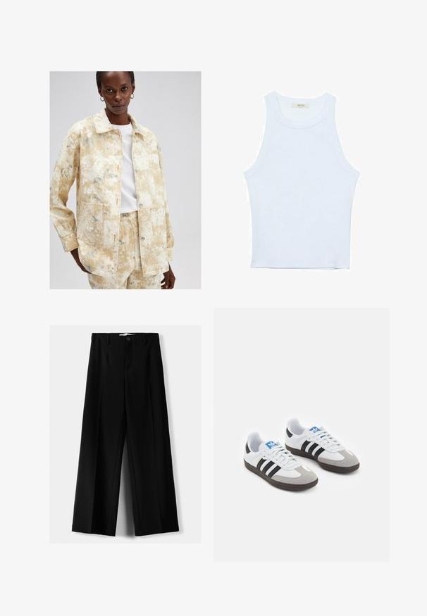 Hellgelbe Jeansjacke mit strukturiertem, marmoriertem Muster in Blautönen. Verfügt über einen Kragen, Vordertaschen und eine Knopfleiste.; Weißes Tanktop, gerippte Textur, runder Ausschnitt, ärmelloses Design, enganliegende Form, dezente Markenkennzeichnung im Etikett im Kragenbereich.; Schwarze weite Hosen aus leichtem Stoff, mit einem Knopfverschluss vorne und flachem Bund, mit sorgfältig genähten Säumen.; Sportschuhe mit einem Obermaterial aus weißem Leder, grauer Wildleder-Zehenkappe und drei schwarzen Streifen. Sie verfügen über ein blaues Logo auf der Zunge und eine strukturierte Gummisohle.
