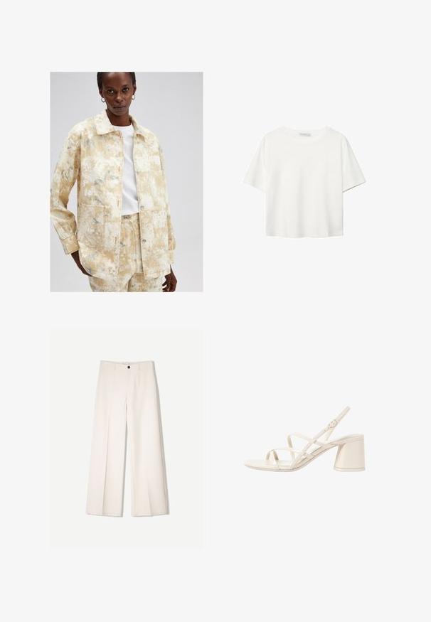 Light yellow denim jacket with a textured, mottled pattern in shades of blue. Features a collared neckline, front pockets, and button closure.; White short-sleeve t-shirt made of cotton. Features a crew neckline and a relaxed fit. Smooth texture with no visible patterns or accents.; Cream wide-leg trousers with a tailored design, featuring two front pockets and a single front button closure, made from smooth fabric.; Beige heeled sandals with slender, crisscross straps, open toe, and a square block heel. Smooth patent finish, adjustable ankle strap.