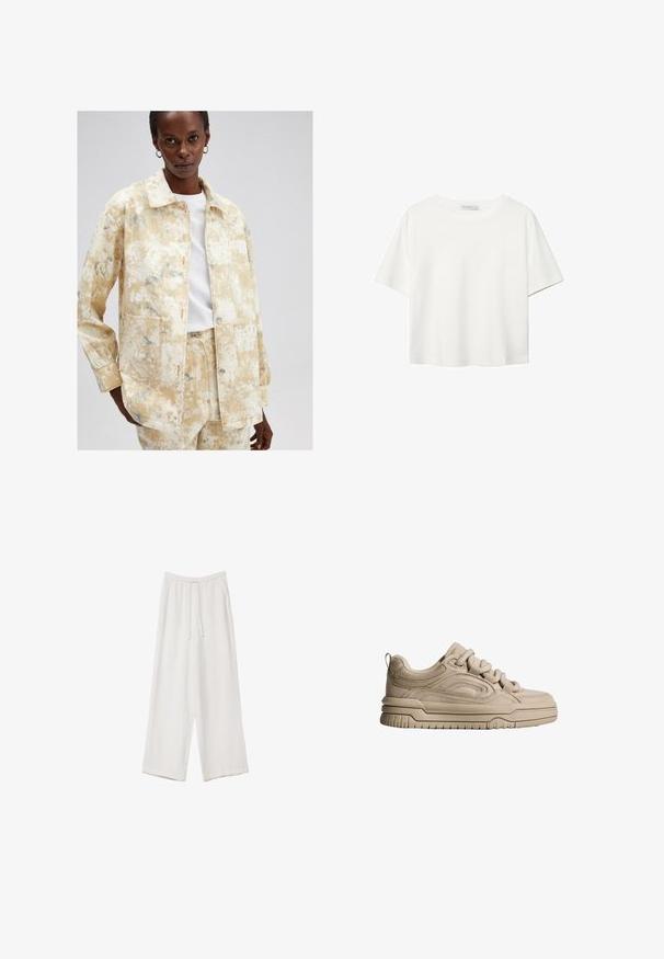 Lichtgele denimjack met een gemêleerd patroon in blauwtonen. Voorzien van een kraag, opgestikte zakken en een knoopsluiting.; Witte korte mouwen t-shirt van katoen. Heeft een ronde halslijn en een ontspannen pasvorm. Glad textuur zonder zichtbare patronen of accenten.; Witte wijde broek gemaakt van een lichte stof. Voorzien van een elastische tailleband met een trekkoord en zijzakken. Zachte textuur.; Beige suède sneaker met een ronde neus, textuurpanelen, dikke zool en vetersluiting. Voorzien van een achterste lusje voor eenvoudig aan- en uittrekken.