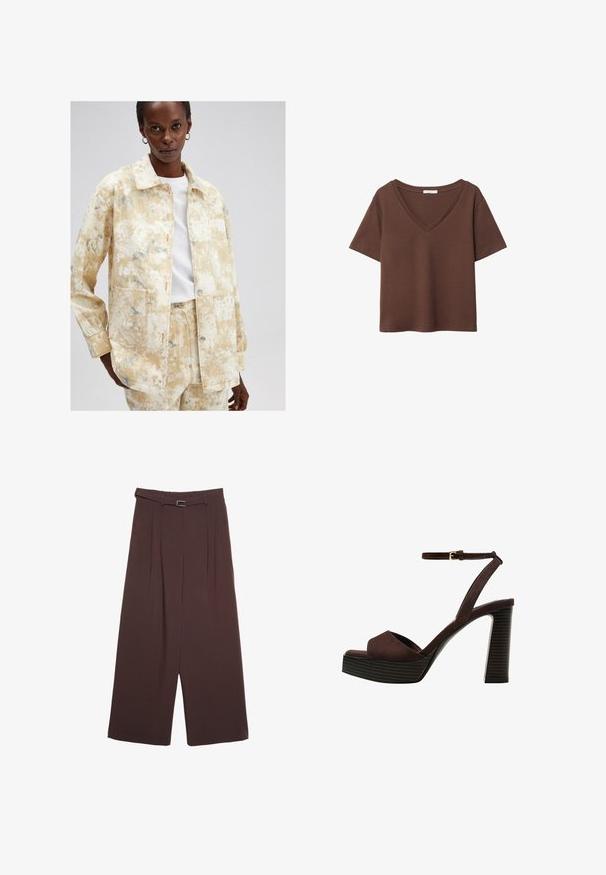Světle žlutá džínová bunda s texturovaným, mramorovaným vzorem v odstínech modré. Obsahuje límeček, přední kapsy a zapínání na knoflíky.; Hnědý bavlněný tričko s krátkými rukávy a hlubokým V-výstřihem. Jednoduchý design, měkká textura a rovný lem. Žádné vzory ani akcenty.; Stradivarius WIDE-LEG WITH BUCKLE DETAIL - Kalhoty - dark brown; Hnědé semišové sandály na vysokém podpatku s otevřenou špičkou, nastavitelným páskem kolem kotníku a proužkovou platformou.