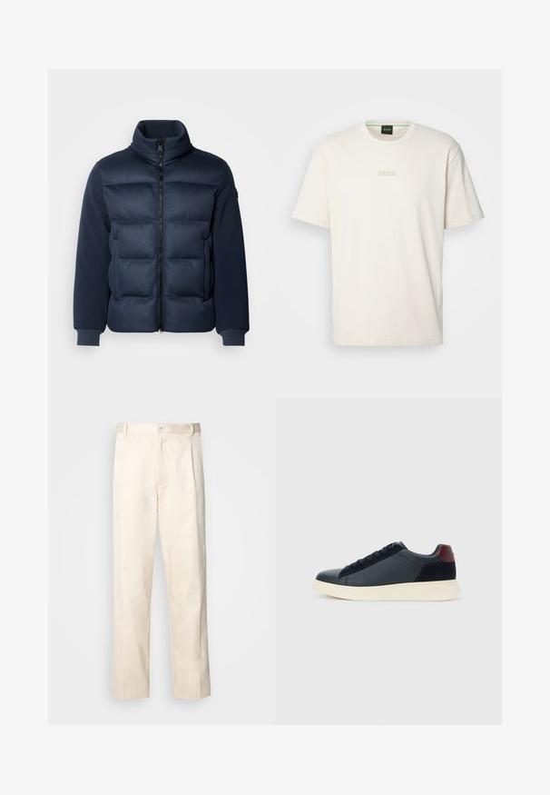 Jūrų laivyno pūkinis džemperis su siuvinėtu priekiu, aukštu apykakle ir lygiais rankovėmis. Uždarymas užtrauktuku ir raustais rankogaliais. Tekstūruoti dizaino elementai visame džempere.; BOSS TEE - Paprasti marškinėliai - open white; Bežinės medvilninės kelnės su tiesiu kirpimu, turinčios mygtuko uždarymą ir priekyje raukšles papildomai dekoratyviam akcentui.; Juodos odinės ir zomšinės vyriškos žemos sportinės avalynės su bordo spalvos kulkšnių juostele ir balto kaučiuko padu vaizdas iš išorės.