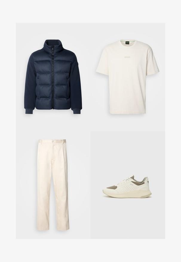 Μπλε ελαστικό παλτό με επένδυση που διαθέτει καπιτονέ μπροστινή πλευρά, ψηλό γιακά και λεία μανίκια. Κλείσιμο με φερμουάρ και πλεκτές μανσέτες. Υφή σχεδιαστικών στοιχείων σε όλη την επιφάνεια.; BOSS TEE - Βασικό μπλουζάκι - open white; Μπεζ βαμβακερό παντελόνι με ίσια γραμμή, διαθέτει κουμπί κλεισίματος και πτυχές στο μπροστινό μέρος για επιπλέον λεπτομέρεια.; Λευκό και ανοιχτό μπεζ αθλητικό παπούτσι, με επάνω μέρος από διχτυωτό υλικό, διακοσμήσεις με περφορέ και υφή στην ενδιάμεση σόλα με επωνυμία στη φτέρνα.