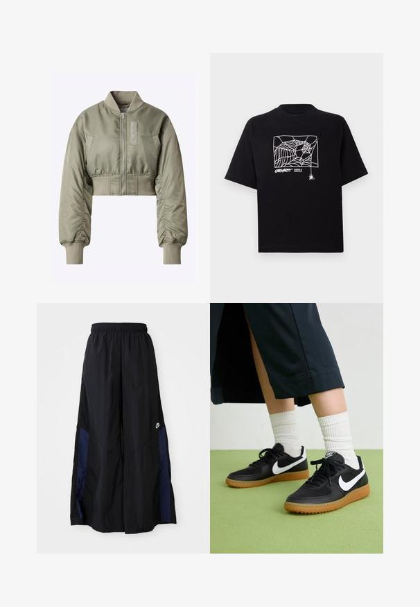 Natükke rohelise bomber-jakk, millel on lukuga esikülg, soonikkoes mansetid ja sile, läikiv tekstuur, millel on vasakul küljel plekk.; Mustmust särgis, millel on lühikesed varrukad. Esipaneelil on valge ämblikuvõrgu graafika ja logo. Lihtne ümmargune kaelus.; Mustad laiad mustad püksid kergest kangast, millel on tumesinine külgpaneel ja elastne vöökoht. Väike valge logo allservas.; Mustad nahast ja sünteetilised sneekerid valge Nike logoga, kummist gumme, ümar nina ja mustad paelad. Näha ribakujulisi valgeid sokke.