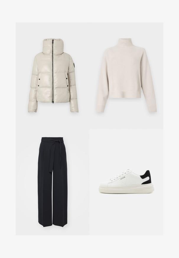 Lichtbeige gewatteerde jas met een hoge kraag, een ritssluiting aan de voorkant en zwarte knoopaccenten. Heeft een gladde, glanzende textuur en een cropped ontwerp.; Lichtbeige coltrui gemaakt van zachte stof. Kenmerkt zich door een relaxte pasvorm, ribbelboorden en lange mouwen. Minimalistisch ontwerp.; Zwarte wijde broek van zachte stof. Voorzien van een ceintuur en plooien aan de voorkant. Glad textuur met een strakke, hedendaagse stijl.; Witte leren sneakers met een dikke witte zool, zwarte suède hielaccent en een geperst logo op de zijkant. Vetersluiting met zes oogjes.