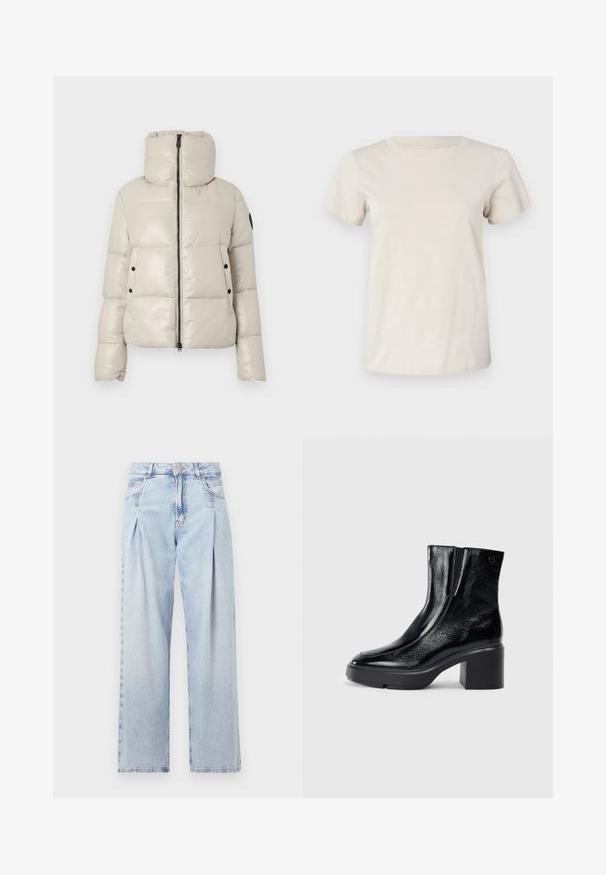 Light beige padded jacket with a high collar, front zipper, and black button accents. Features a smooth, shiny texture and a cropped design.; Light beige short-sleeve cotton t-shirt with a round neckline and subtle front text detail. Smooth texture and relaxed fit.; Light blue denim jeans with a high waist, wide-leg cut, two side pockets, and pleated design feature. Soft texture with a faded finish.; Black patent leather ankle boots with a curved toe, elastic side panels, and a chunky block heel. Features embossed logo on the back.