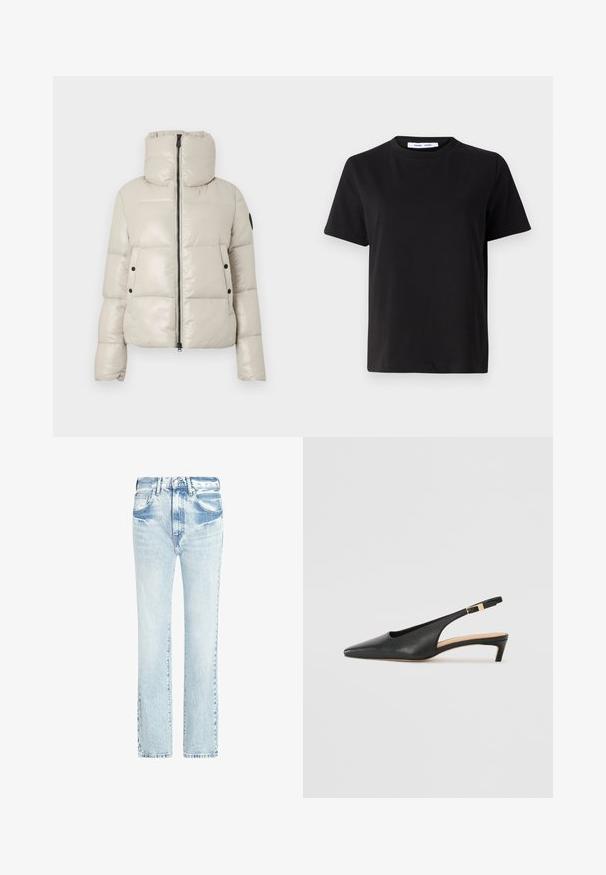 Šviesiai pilkas paminkštintas švarkas su aukštu apykaklės, priekine užtrauktuku ir juodais sagų akcentais. Yra glotni, blizganti struktūra ir sutrumpintas dizainas.; Juodas trumpas rankovės marškinėliai, pagaminti iš minkštos medvilnės, su apvaliu iškirpimu, laisvu pritaikymu ir lygiu paviršiumi. Nėra matomų raštų ar grafikos.; Šviesiai mėlynos džinsinės kelnės su tiesiu sijonu, penkiomis kišenėmis ir nusidėvėjusia tekstūra. Yra matoma siuvimo linija ir klasikinis mygtuko užsegimas.; Juodas odinis slingback aukštakulnis batelis su smailiu nosiu, žemu kulnu ir reguliuojama kulkšnies juosta, papuošta auksinės spalvos užsegimu. Lygi tekstūra.