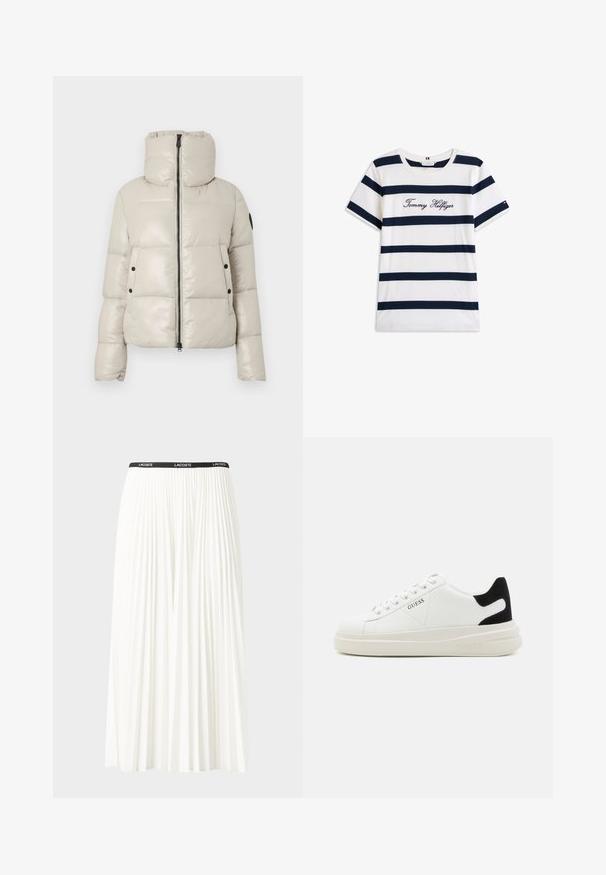 Jachetă bej deschis, căptușită, cu un guler înalt, fermoar frontal și accente negre la butoane. Prezintă o textură netedă și lucioasă, cu un design scurt.; Tricou din bumbac cu dungi orizontale bleumarin pe un fundal alb. "Tommy Hilfiger" brodat în stil cursiv pe piept. Decolteu rotund.; Fustă plisată albă cu un brâu elastic negru, având logo-ul "LACOSTE". Design de lungime medie, cu textură moale.; Adidași din piele albă cu o talpă groasă albă, accent de călcâi din suede negru și logo embosat pe lateral. Design cu șireturi și șase orificii.
