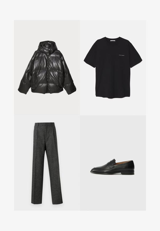 Crni puffer jakna s sjajnom eksterijerom od umjetne kože, kapuljačom, zatvaračem na rajsferšlus i podstavljenim dijelovima sa bočnim džepovima.; Crna pamučna majica s okruglim izrezom, kratkim rukavima i bijelim logotipom otisnutim na lijevoj strani prsnog koša. Jednostavan dizajn u jednoj boji.; Sive prilagođene hlače od teksturiranog materijala, s dva prednja nabora i ravnim krojem. Nema vidljivih džepova ili ukrasa.; Crni kožni loafer s okruglim vrhom, suptilnim šavovima i niskim petama, s glatkom teksturom i minimalističkim dizajnom.