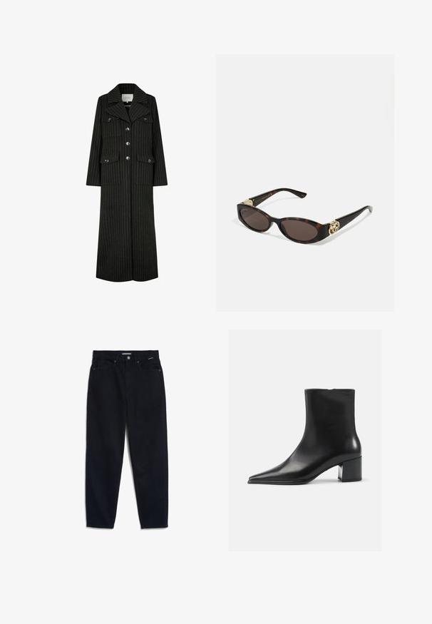 Cappotto lungo a righe nere con colletto a revers, bottoni frontali e due tasche sul petto. Presenta una linea dritta e un design strutturato.; Cardigan grigio lavorato a maglia con motivo a trecce, dotato di scollo rotondo, chiusure a bottoni e bottoni scuri. Piccolo logo sul petto.; Camicia bianca button-up in cotone, con taschino sul petto e piccolo logo ricamato. Vestibilità loose con colletto classico e maniche lunghe.; Jeans in denim nero con gamba dritta, design a cinque tasche e chiusura a bottone. Il tessuto ha una texture liscia e cuciture minime a vista.; Stivaletto in pelle nera con punta appuntita, texture liscia e tacco medio a blocco. Design minimalista, chiusura con zip sul retro.; Occhiali da sole tartarugati con lenti ovali allungate, tonalità marrone, accenti dorati con logo sulle tempie e aste nere eleganti.